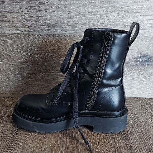 H&M Black Faux Leather Combat Style Lace Up/ Zip Platform Boots Sz 5 (37 EU) - Picture 6 of 9